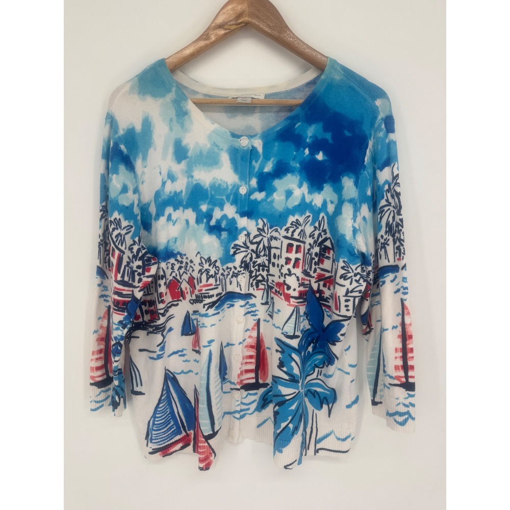 Christopher & Banks Cardigan Sweater Womens P/XL Nautical Sailboat Resort Vacay